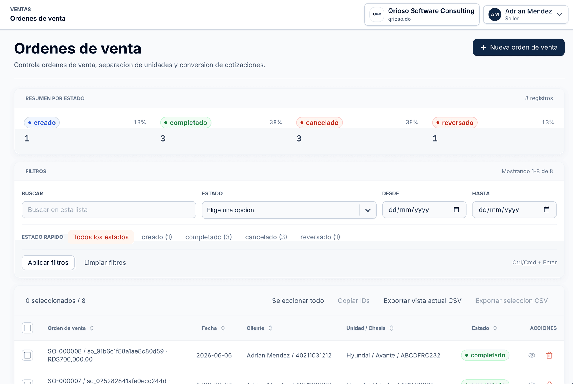 Vista de órdenes de venta en DealerApp by Qrioso.