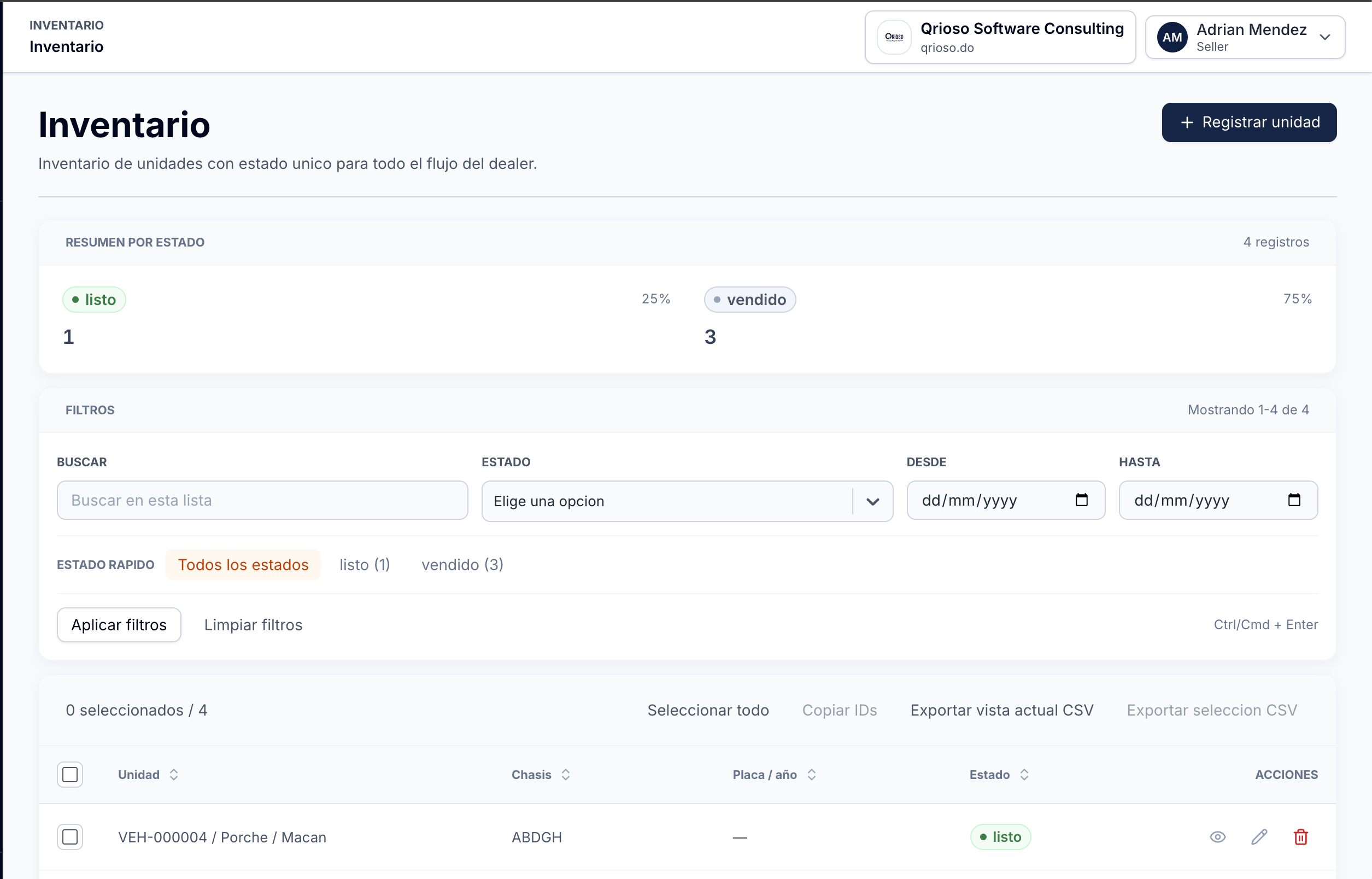 Listado de inventario en DealerApp con resumen por estado y tabla de unidades.