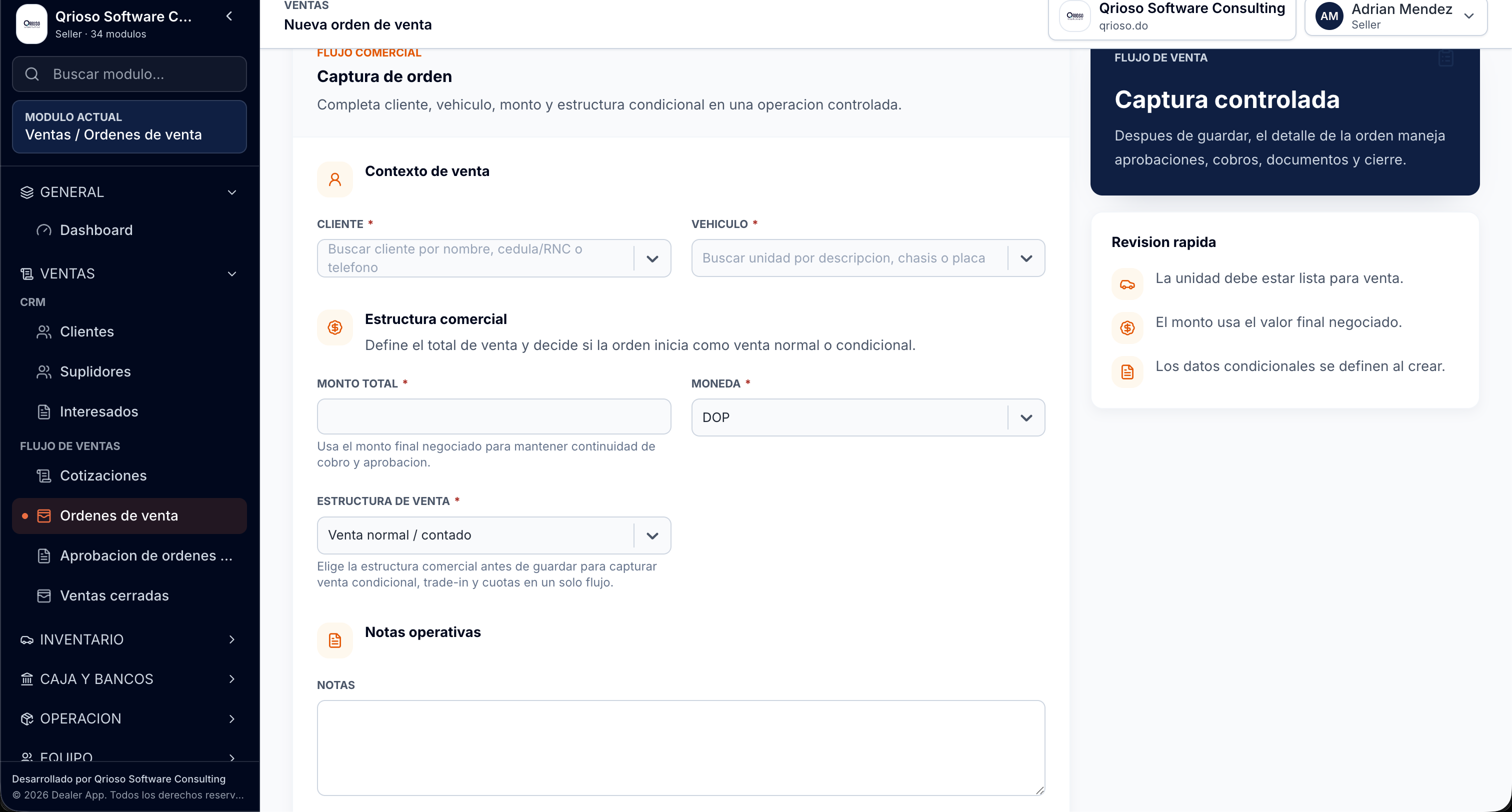 Formulario de nueva orden de venta en DealerApp con panel de flujo de venta.
