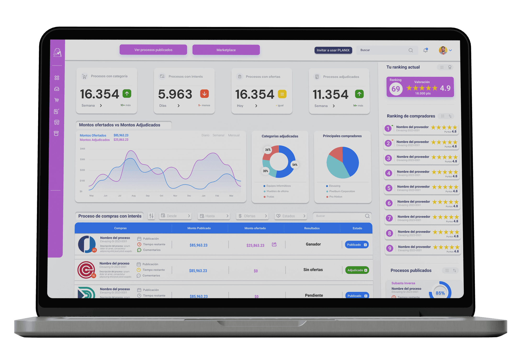 Pantalla pública de Planix con dashboard para proveedores y ranking.
