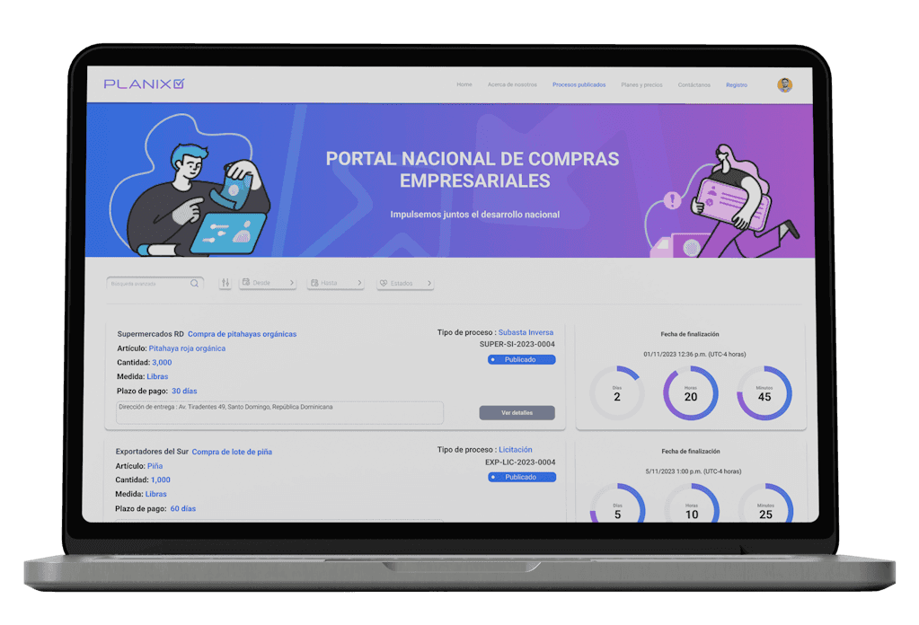 Pantalla pública de Planix mostrando el portal nacional de compras empresariales.